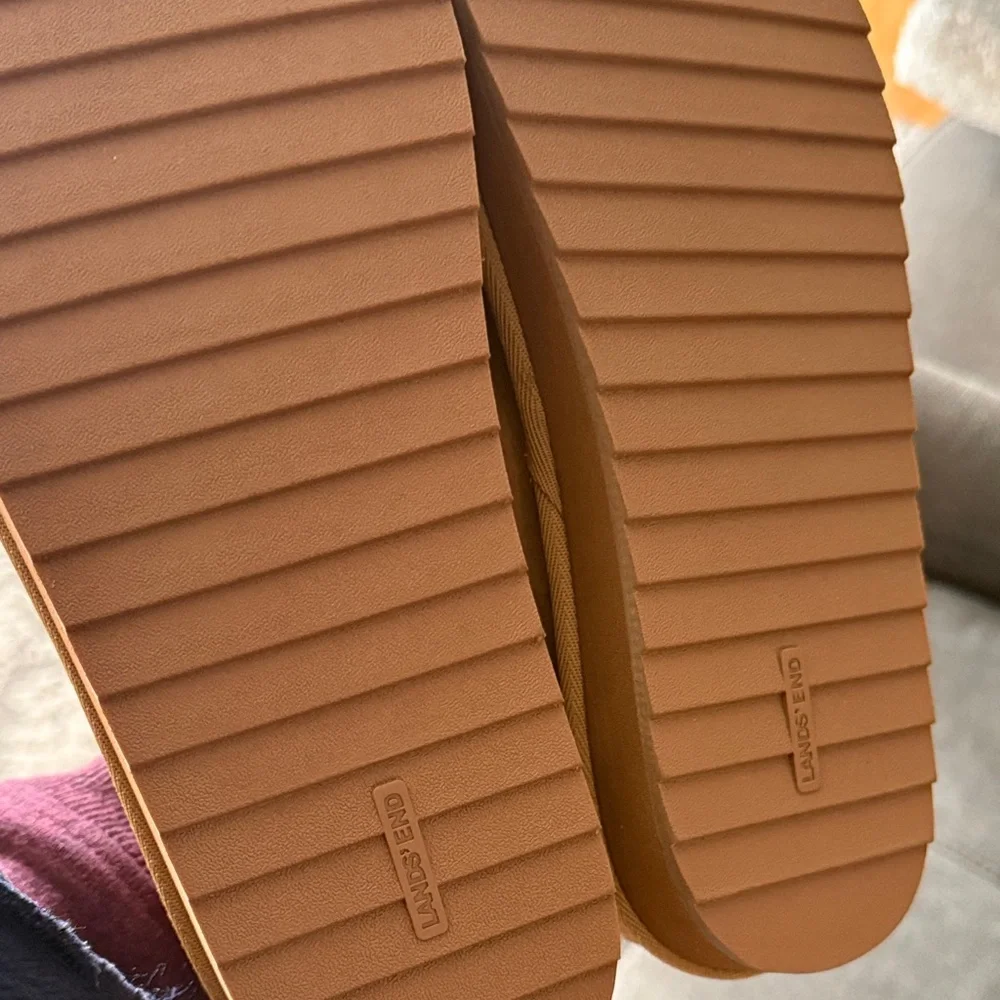 Lands' End Tan Suede Slippers with Patterned Trim - Picture 5 of 9